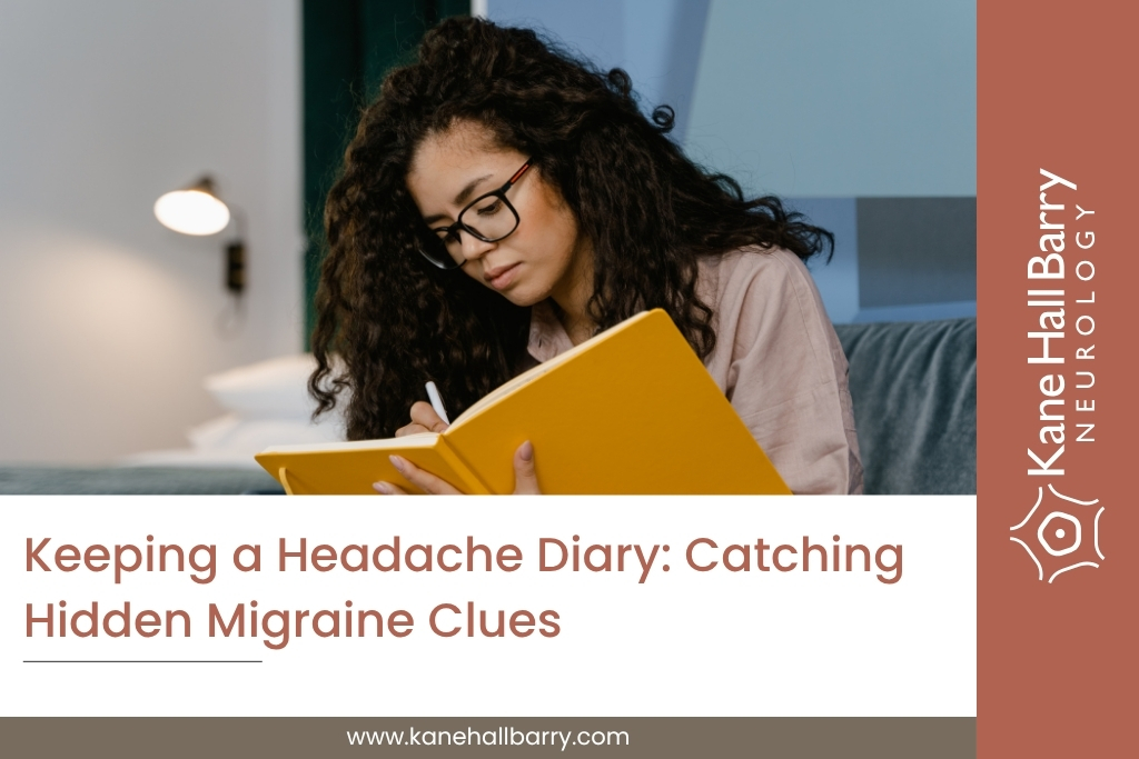 Young woman holding a headache diary and pen, thoughtfully tracking migraine symptoms.